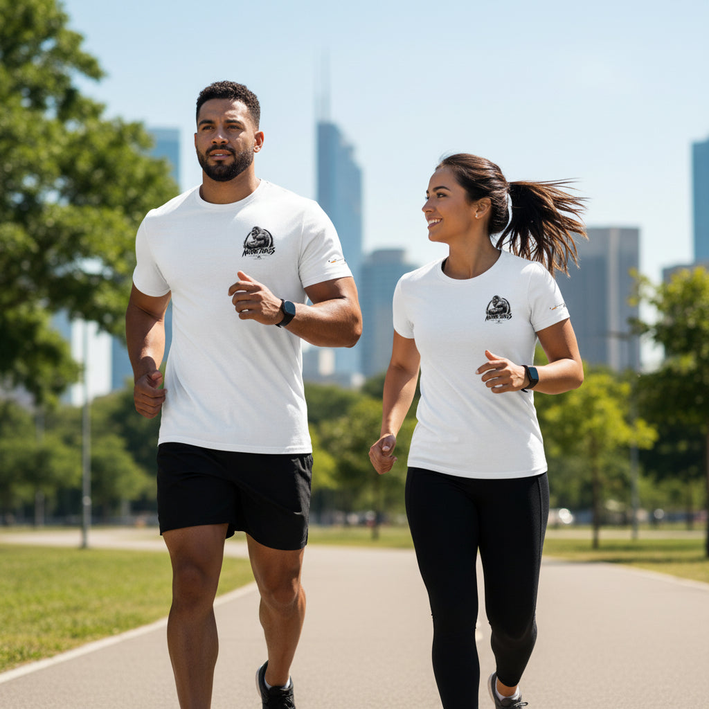 Camiseta GymBro Silverback Mentality en blanco, vista frontal y trasera — NMTK