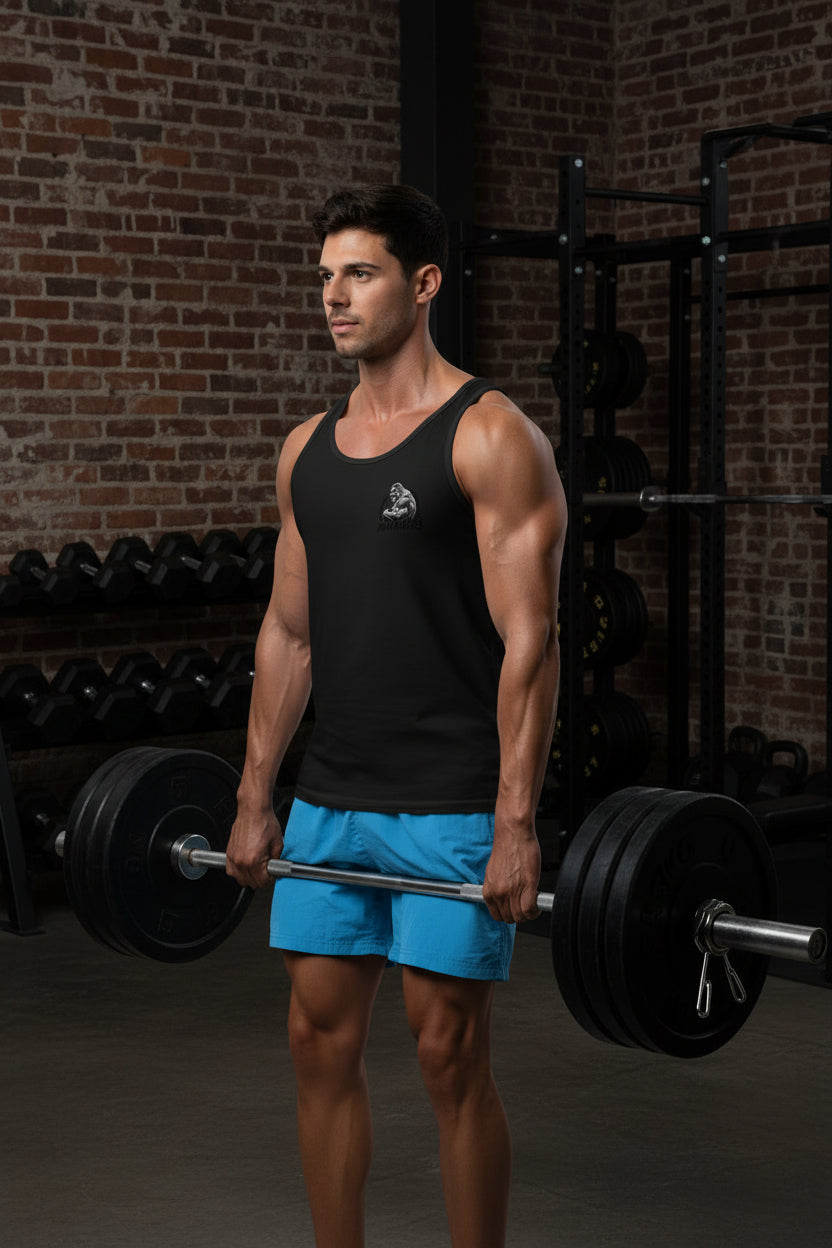 Camiseta de Tirantes Hombre Gym Derecho & Justicia en negro, vista frontal — NMTK