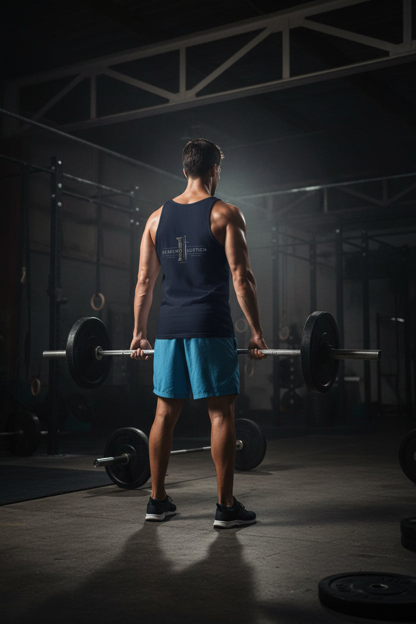 Camiseta de Tirantes Hombre Gym Derecho & Justicia en azul marino, vista trasera — NMTK