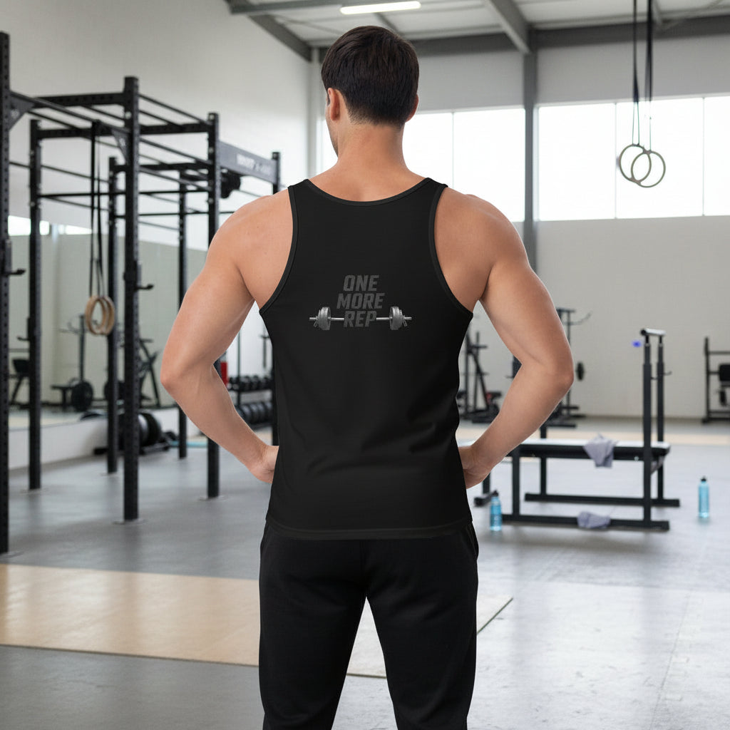 Camiseta tirantes entrenamiento One more Rep en negro, vista trasera — NMTK