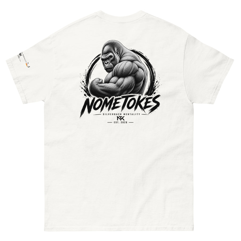 Camiseta base Silverback Mentality en blanco, vista trasera — NMTK