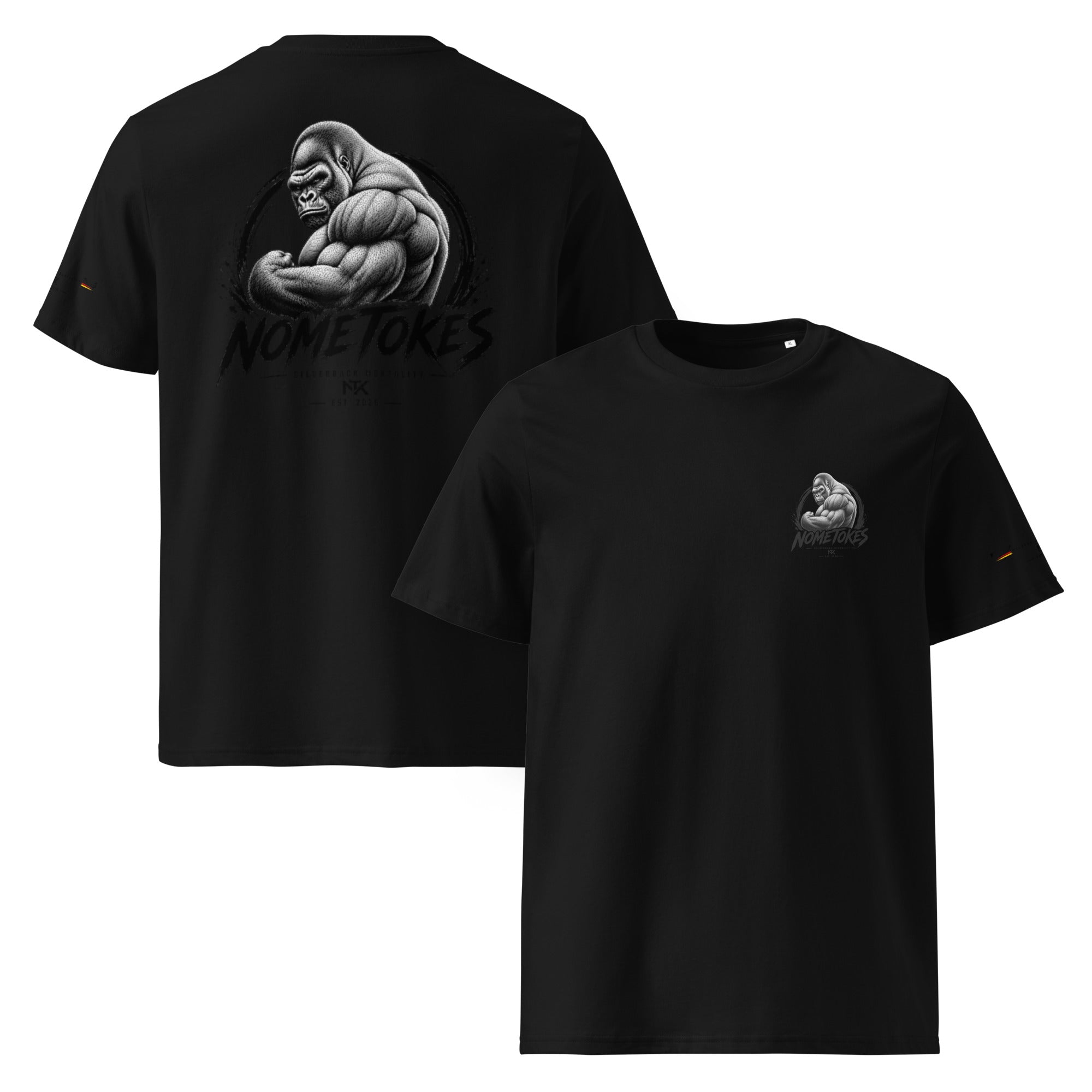 Camiseta GymBro Silverback Mentality en negro, vista frontal y trasera — NMTK