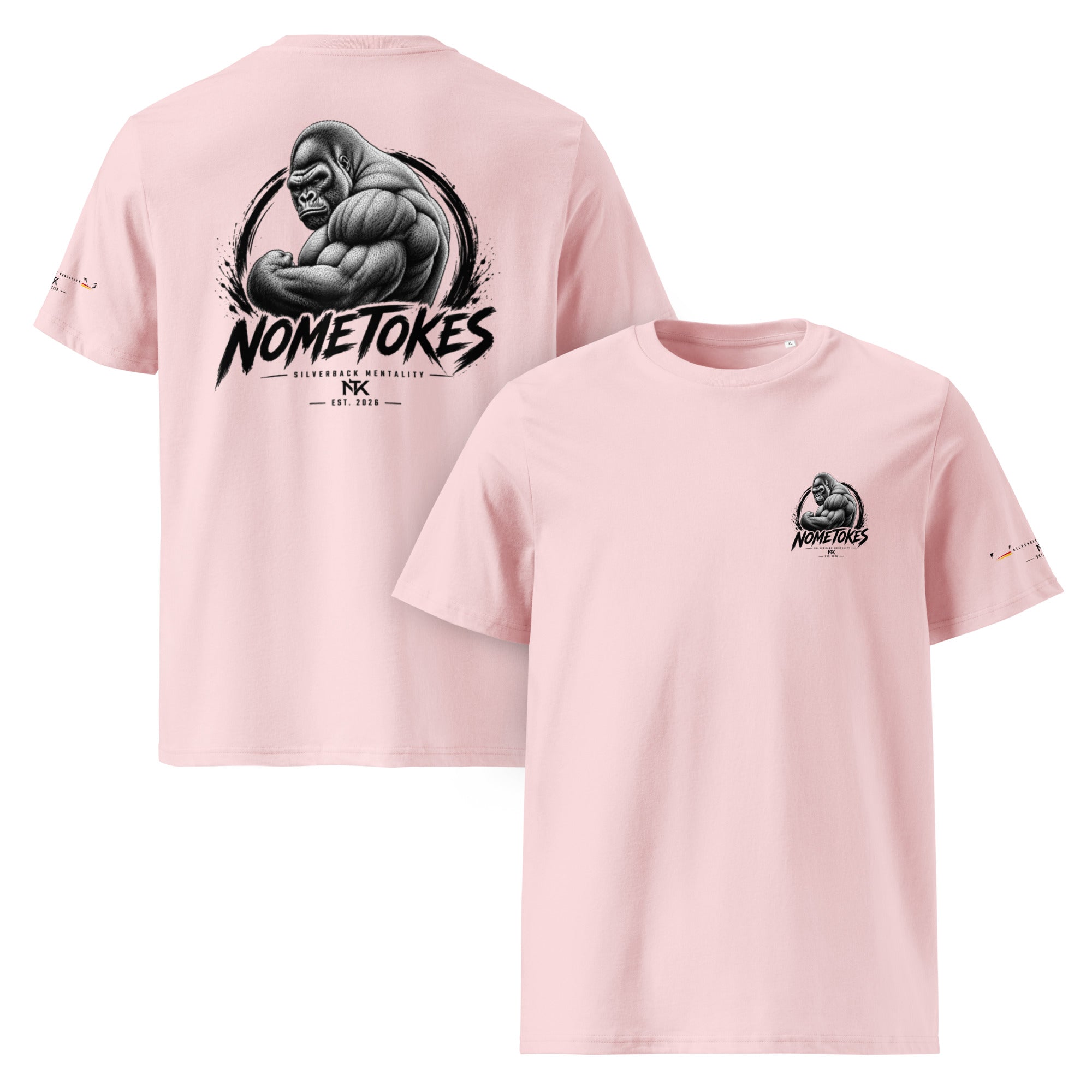 Camiseta GymBro Silverback Mentality en rosa algodón, vista frontal y trasera — NMTK