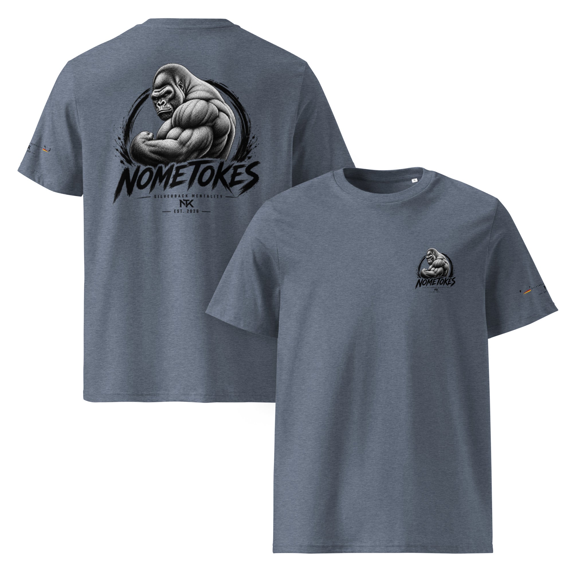 Camiseta GymBro Silverback Mentality en azul jaspeado, vista frontal y trasera — NMTK