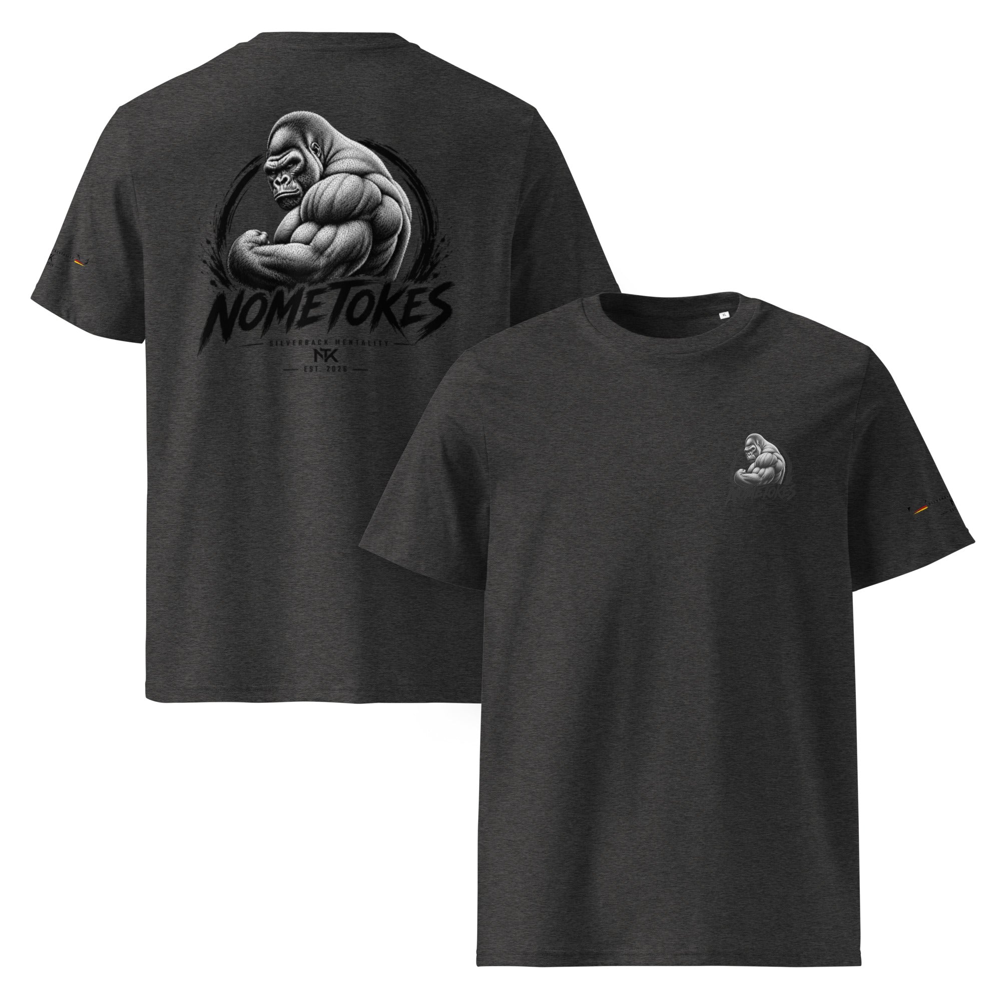 Camiseta GymBro Silverback Mentality en gris jaspeado oscuro, vista frontal y trasera — NMTK