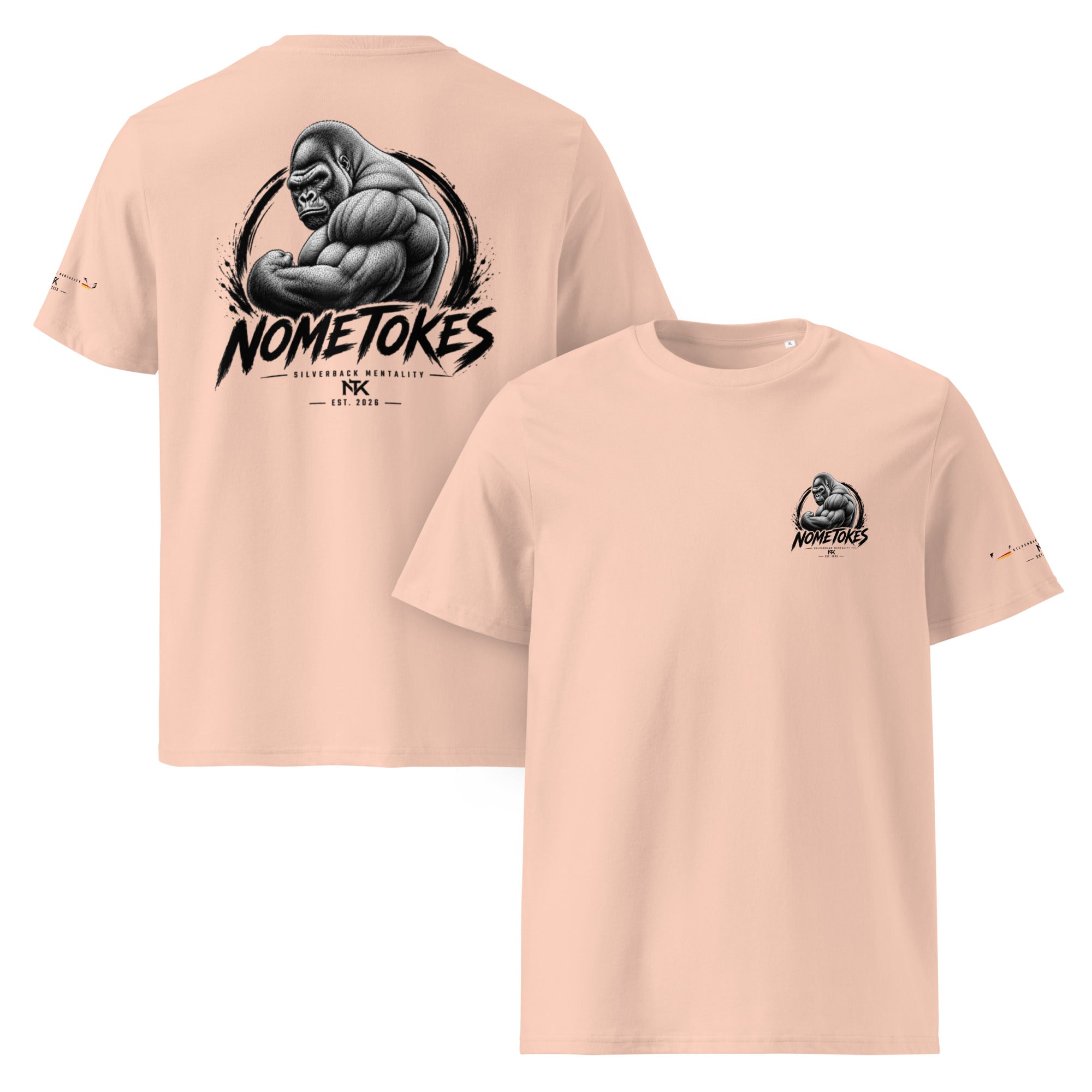 Camiseta GymBro Silverback Mentality en melocotón, vista frontal y trasera — NMTK
