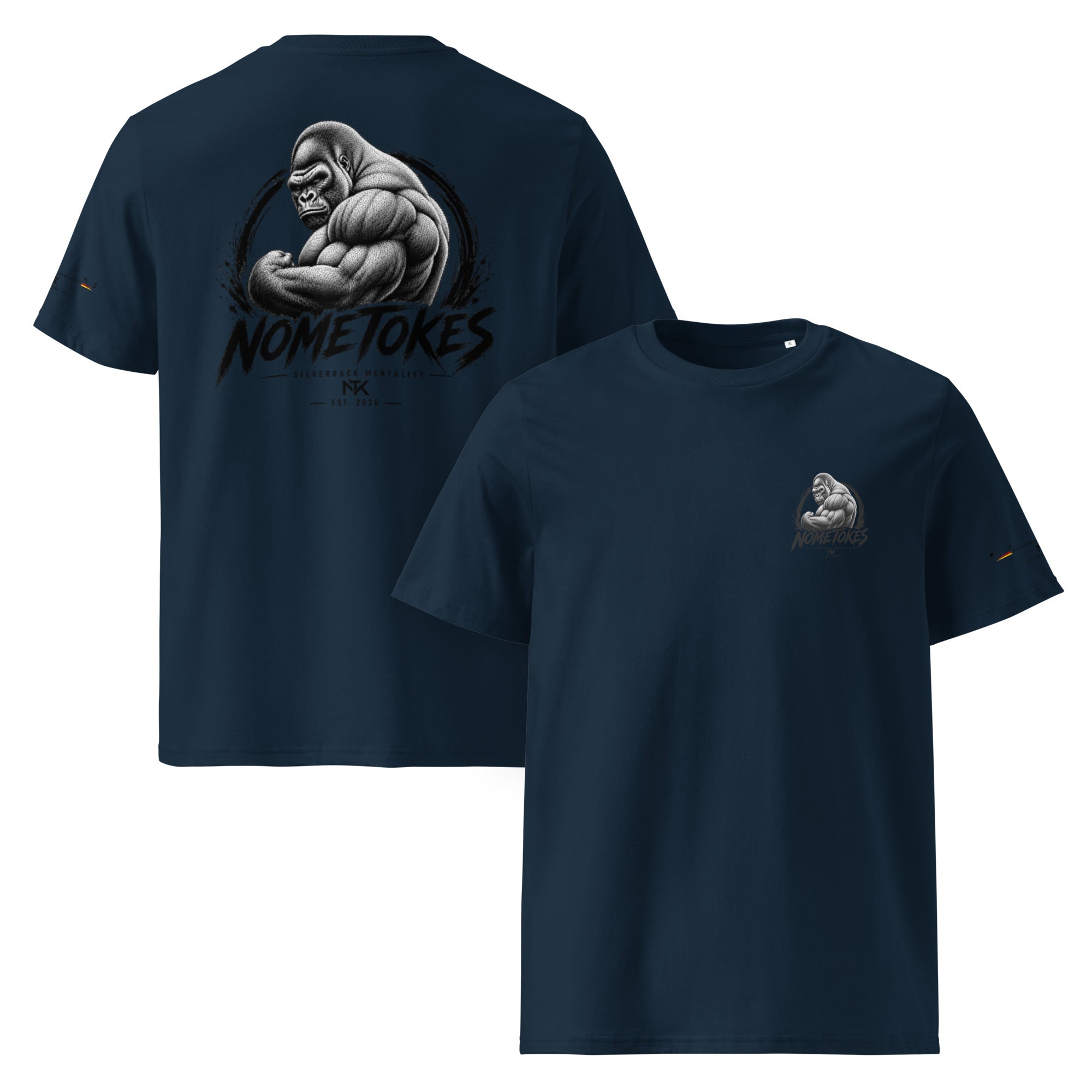 Camiseta GymBro Silverback Mentality en azul marino francés, vista frontal y trasera — NMTK
