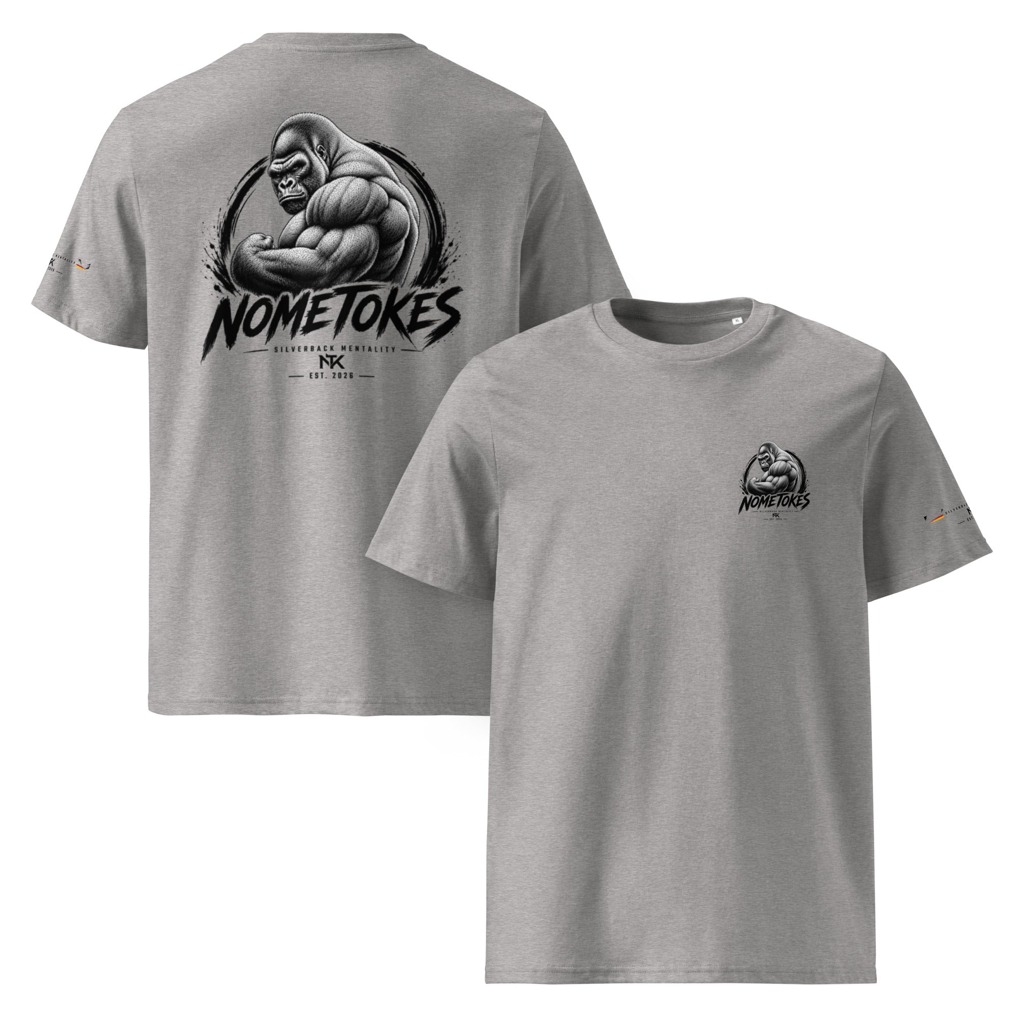 Camiseta GymBro Silverback Mentality en gris jaspeado, vista frontal y trasera — NMTK