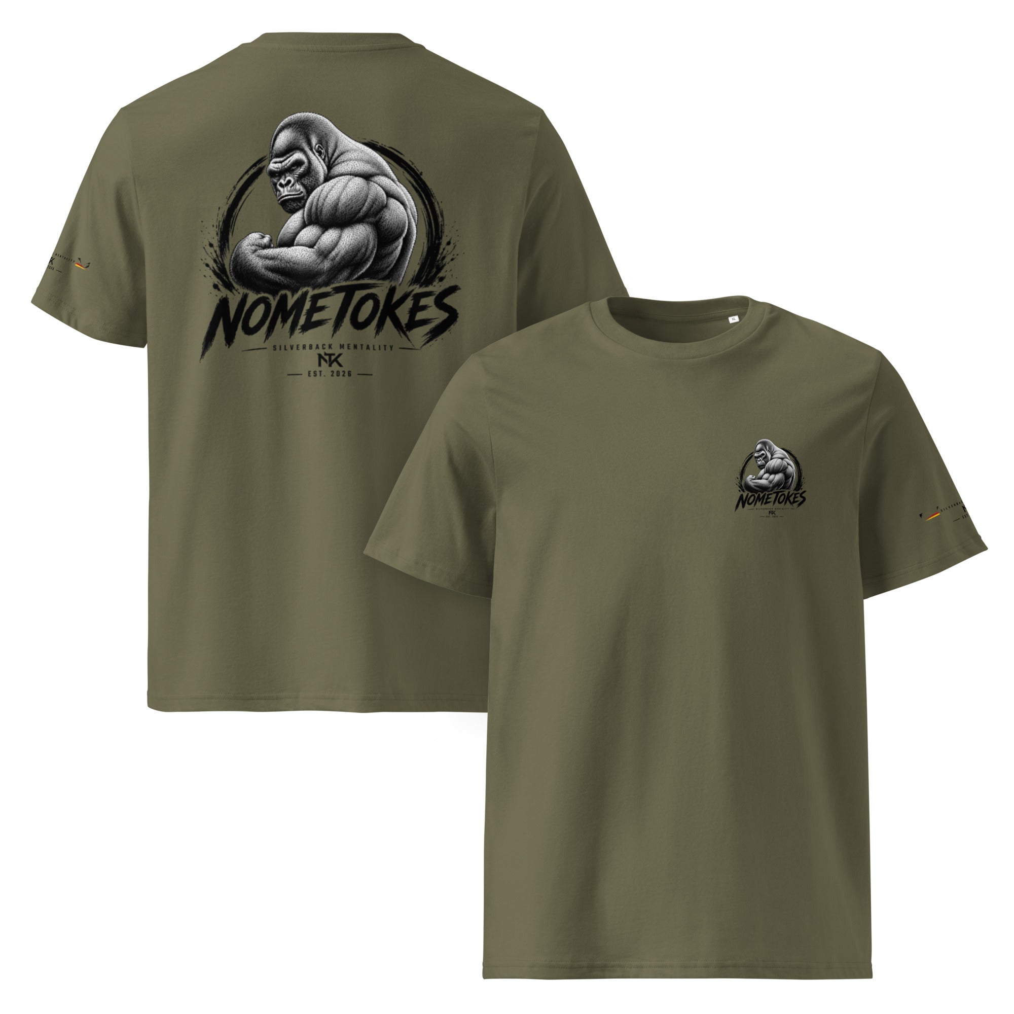 Camiseta GymBro Silverback Mentality en caqui, vista frontal y trasera — NMTK