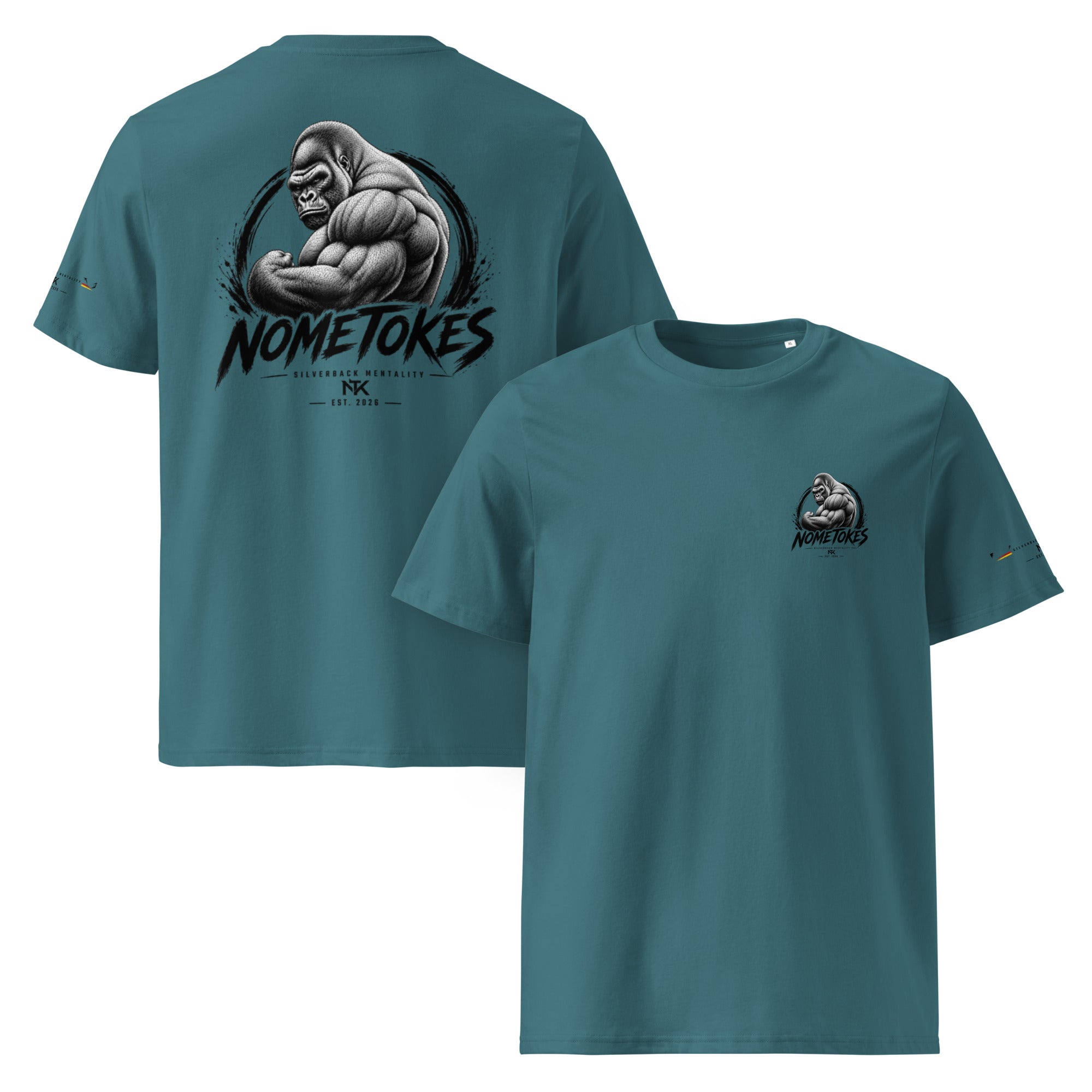 Camiseta GymBro Silverback Mentality en azul noche, vista frontal y trasera — NMTK