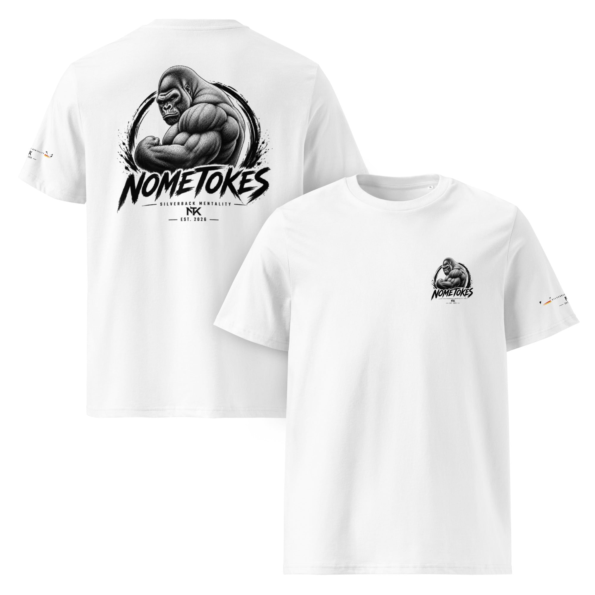 Camiseta GymBro Silverback Mentality en blanco, vista frontal y trasera — NMTK