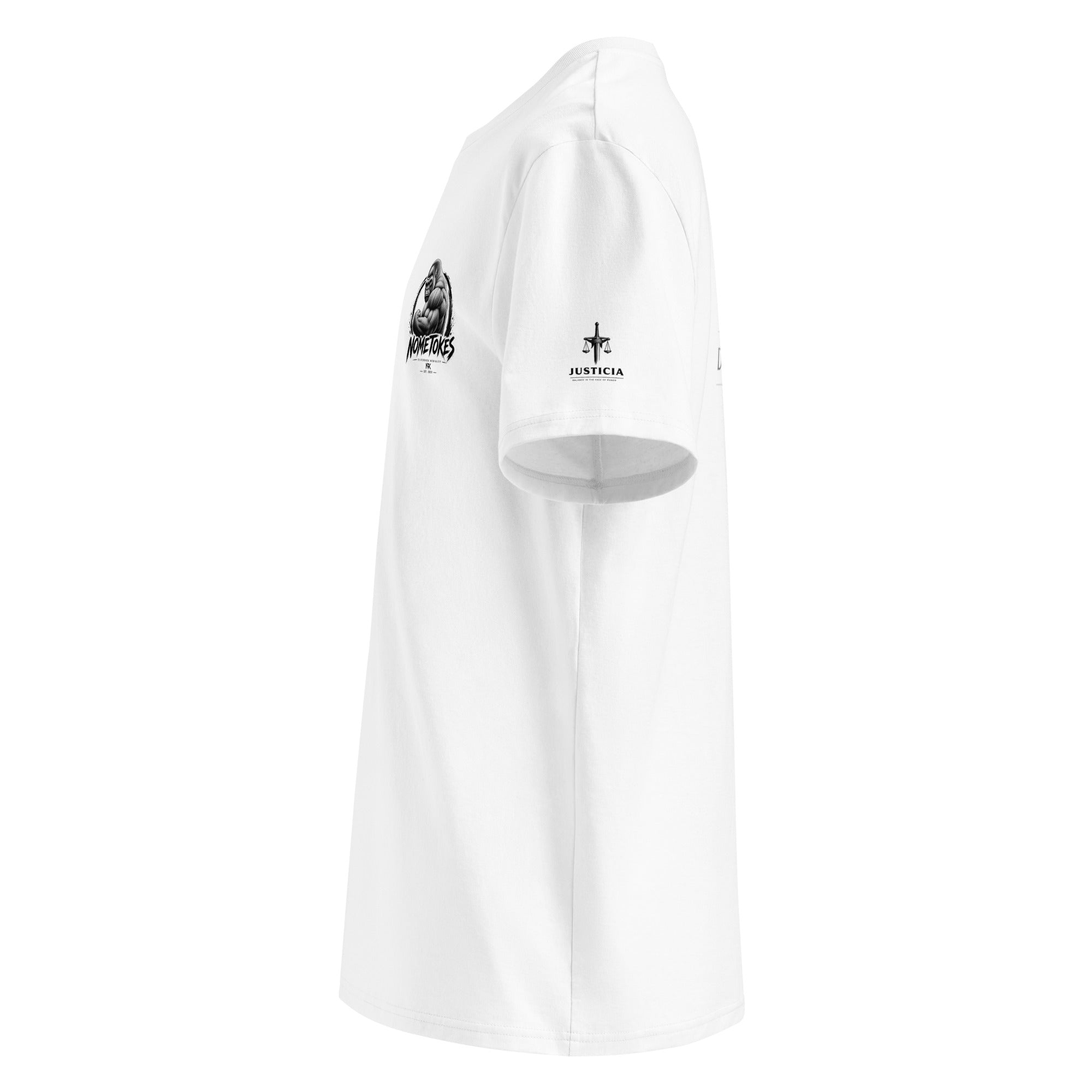 Camiseta Gran Bro Derecho & Justicia en blanco, lateral izquierdo — NMTK