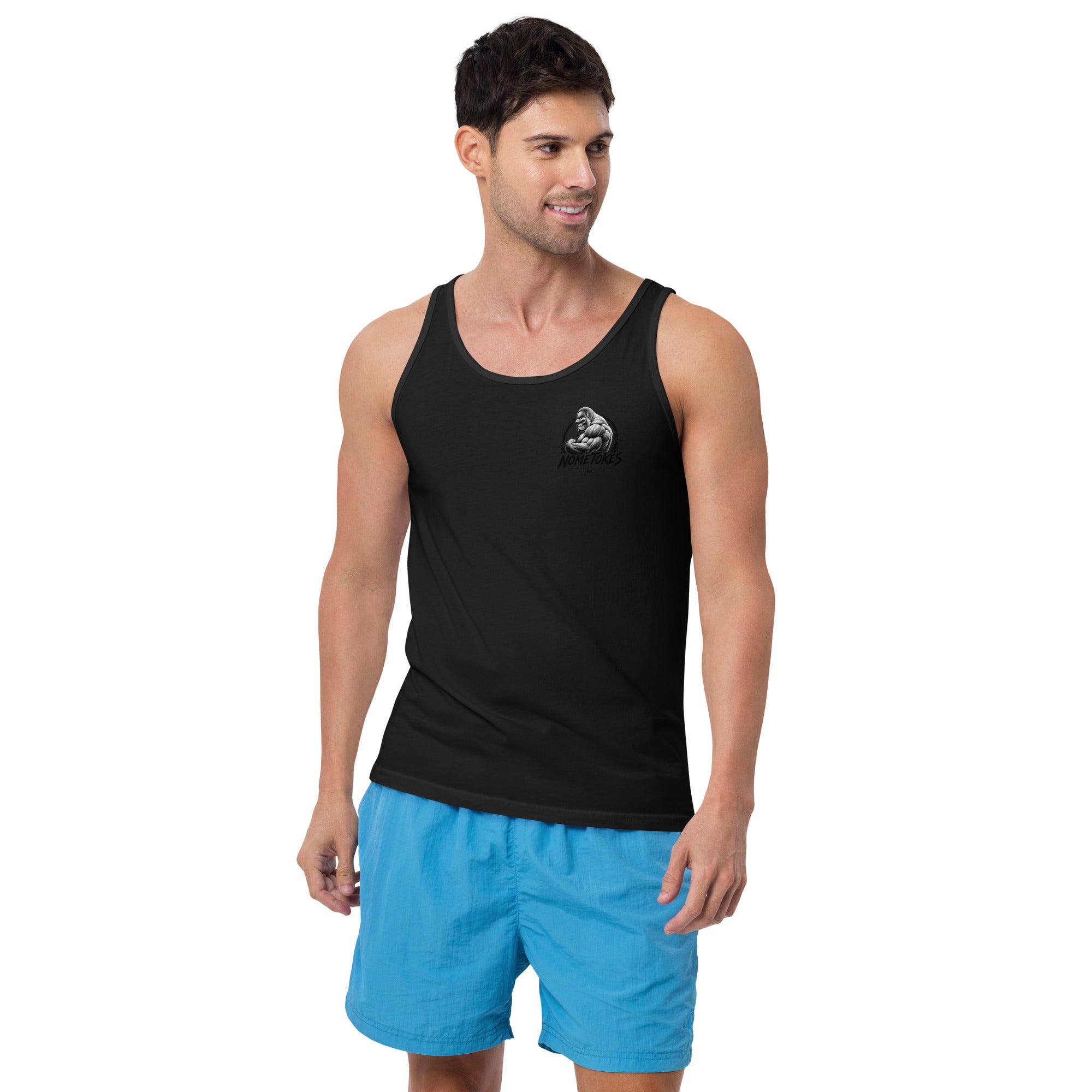 Camiseta de Tirantes Hombre Gym Derecho & Justicia en negro, vista frontal — NMTK