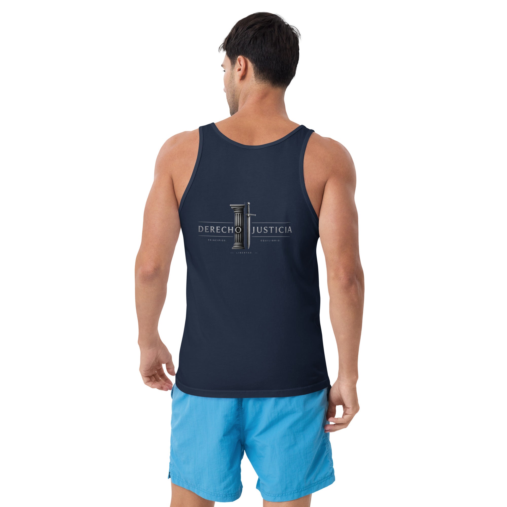 Camiseta de Tirantes Hombre Gym Derecho & Justicia en azul marino, vista trasera — NMTK