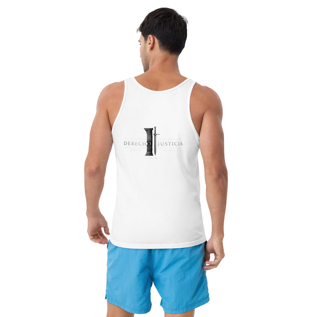 Camiseta de Tirantes Hombre Gym Derecho & Justicia en blanco, vista trasera — NMTK
