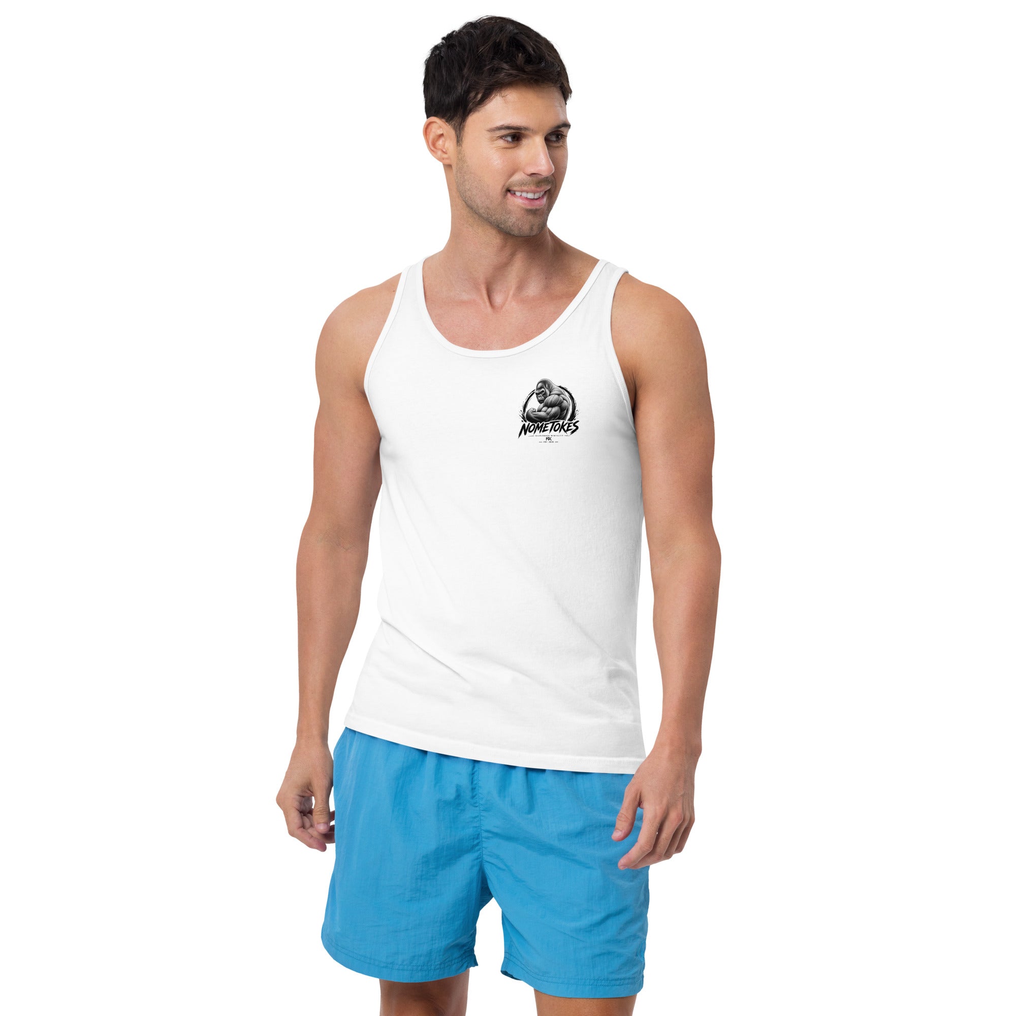 Camiseta de Tirantes Hombre Gym Derecho & Justicia en blanco, vista frontal — NMTK